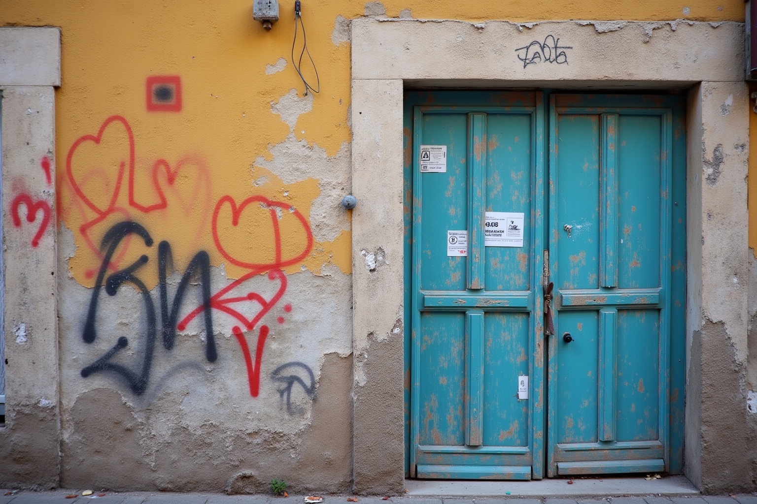 Mur jaune délavé avec graffitis, porte en bois bleu décrépite.