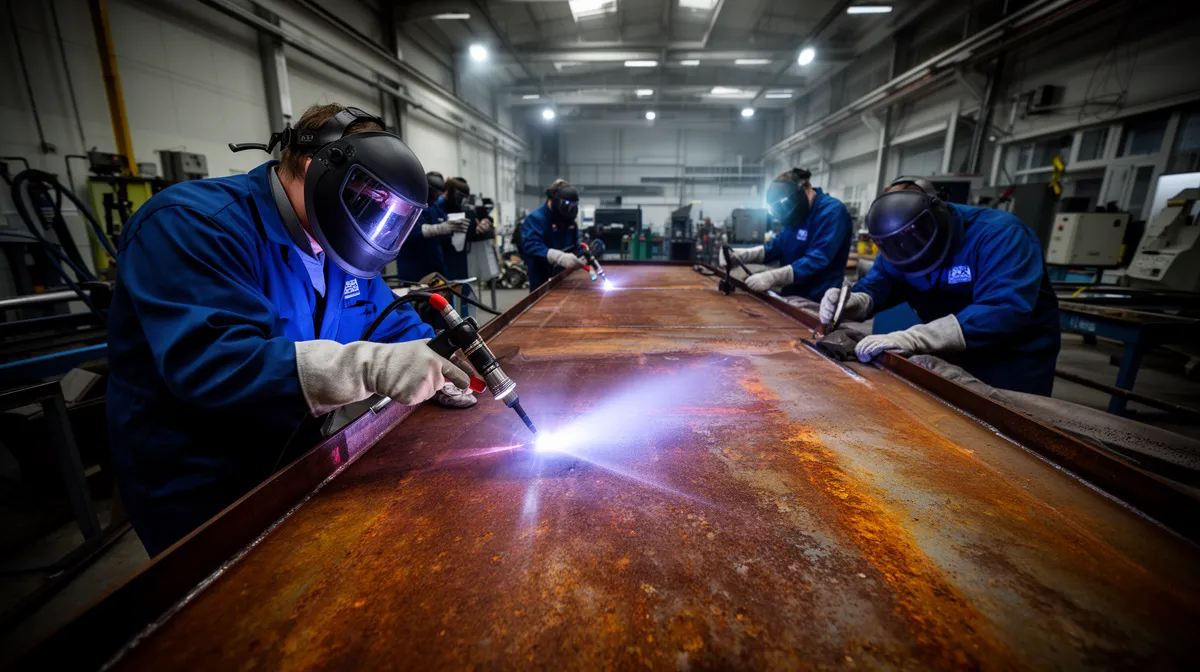Soudeurs en combinaisons bleues travaillant sur une surface métallique rouillée.