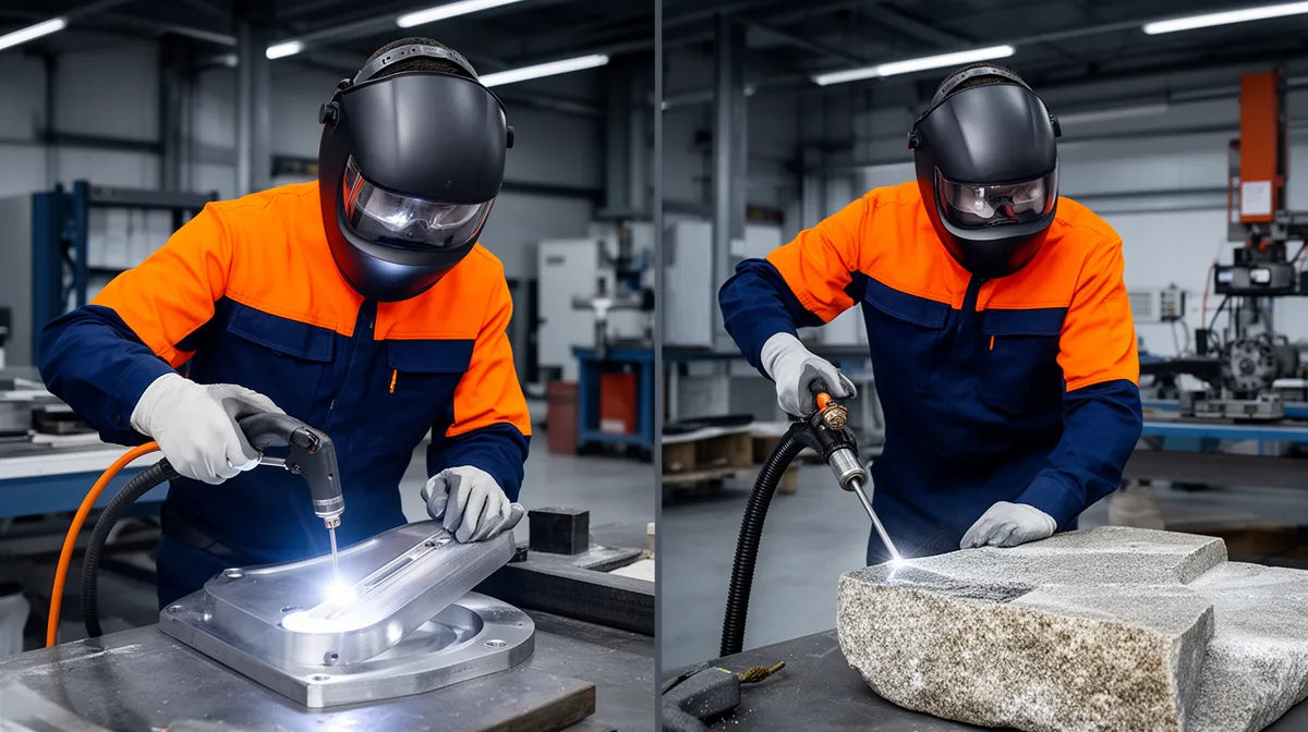 Deux ouvriers en combinaison de sécurité orange effectuant des travaux de soudage et de meulage dans un atelier industriel.