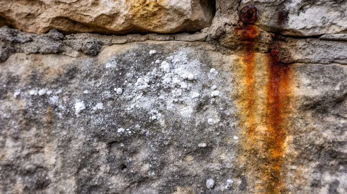 Texture rocheuse avec taches de rouille et cristaux de glace.