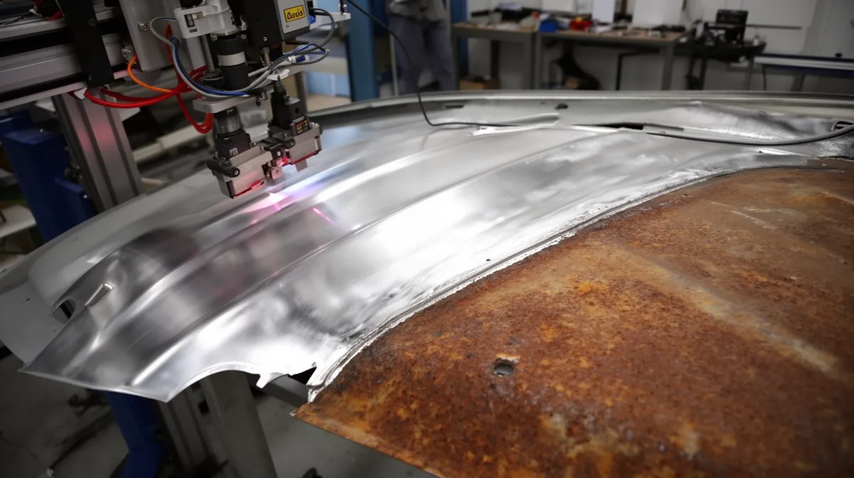Pièce automobile en cours de soudage par laser dans un atelier.