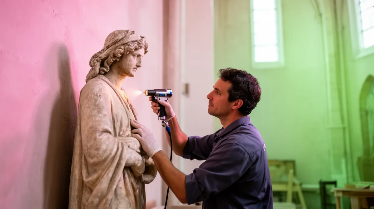 Homme examinant attentivement une statue de femme dans un atelier.