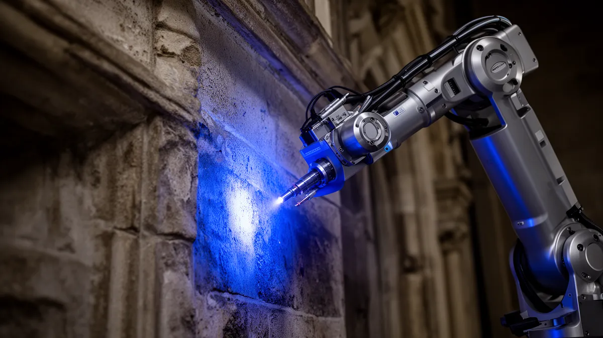 Robot industriel soudant une structure en métal.