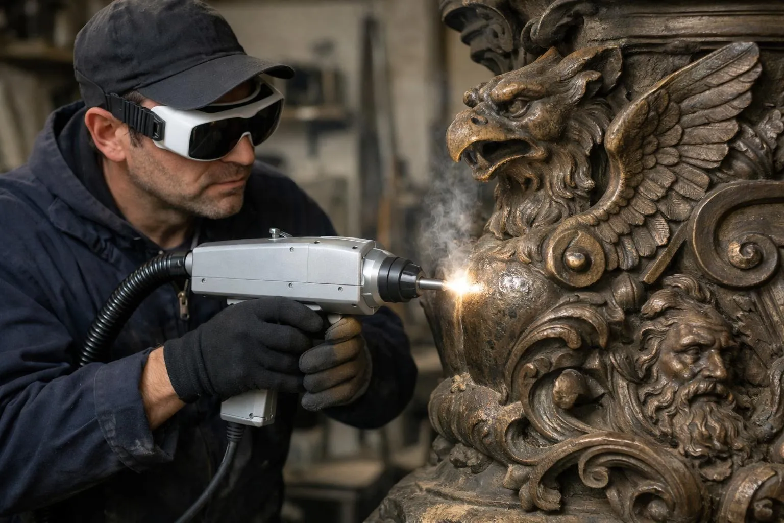 Homme utilisant un outil de soudage sur une sculpture en métal ornementée.