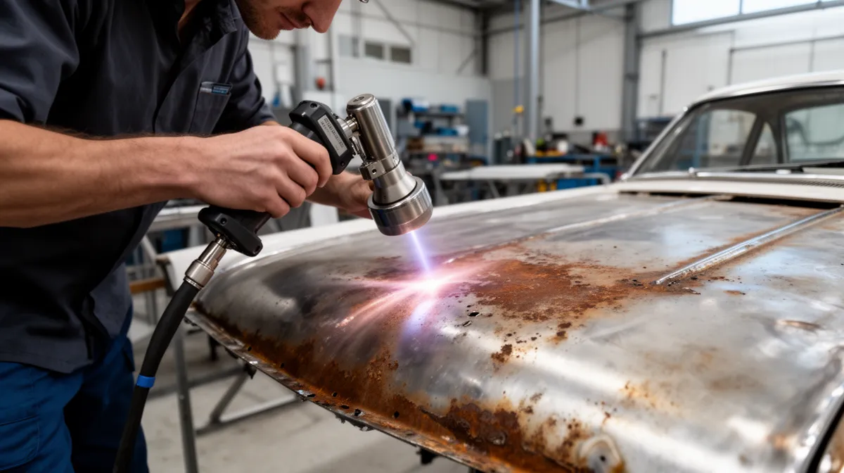 Mécanicien soudant une carrosserie de voiture dans un atelier.