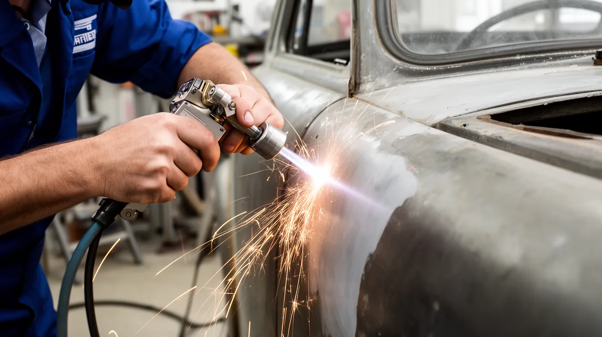 Mécanicien soudant une carrosserie de voiture vintage avec des étincelles.