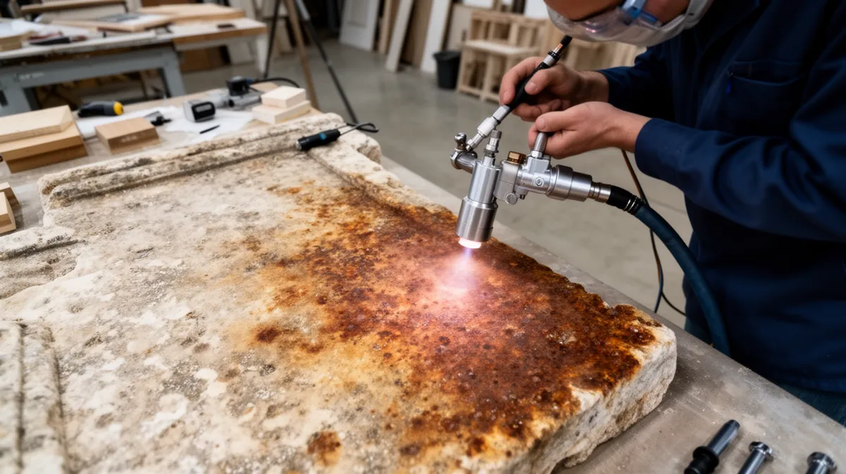 Travailleur utilisant un outil pneumatique pour polir une surface en pierre.
