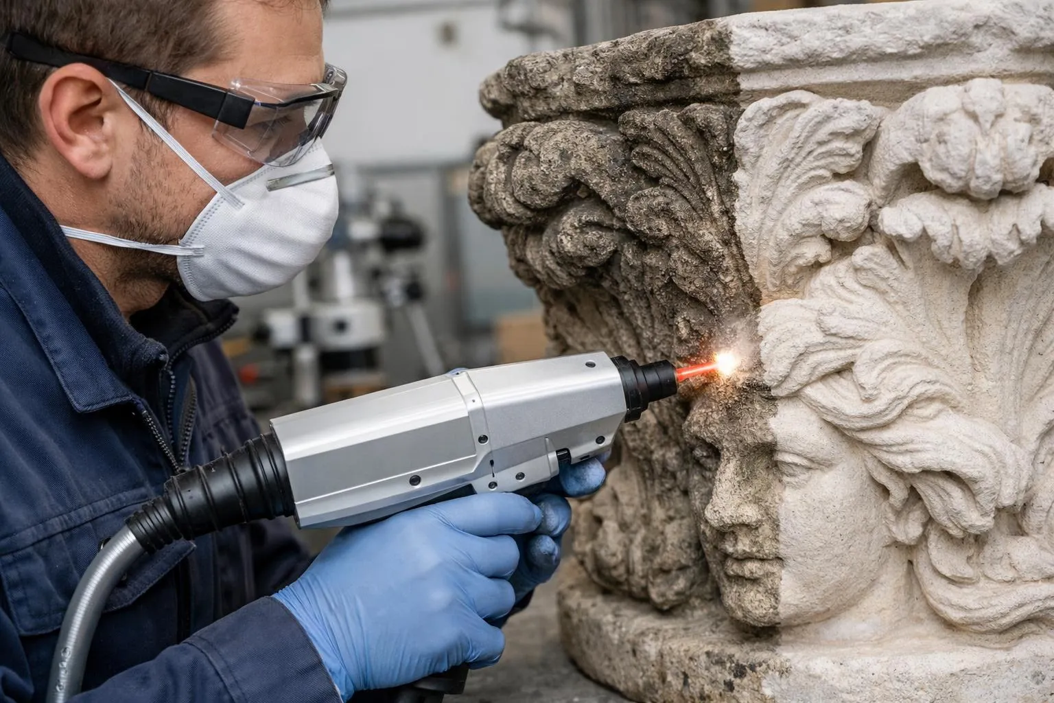 Artisan utilisant un outil de soudage pour restaurer une sculpture en pierre.