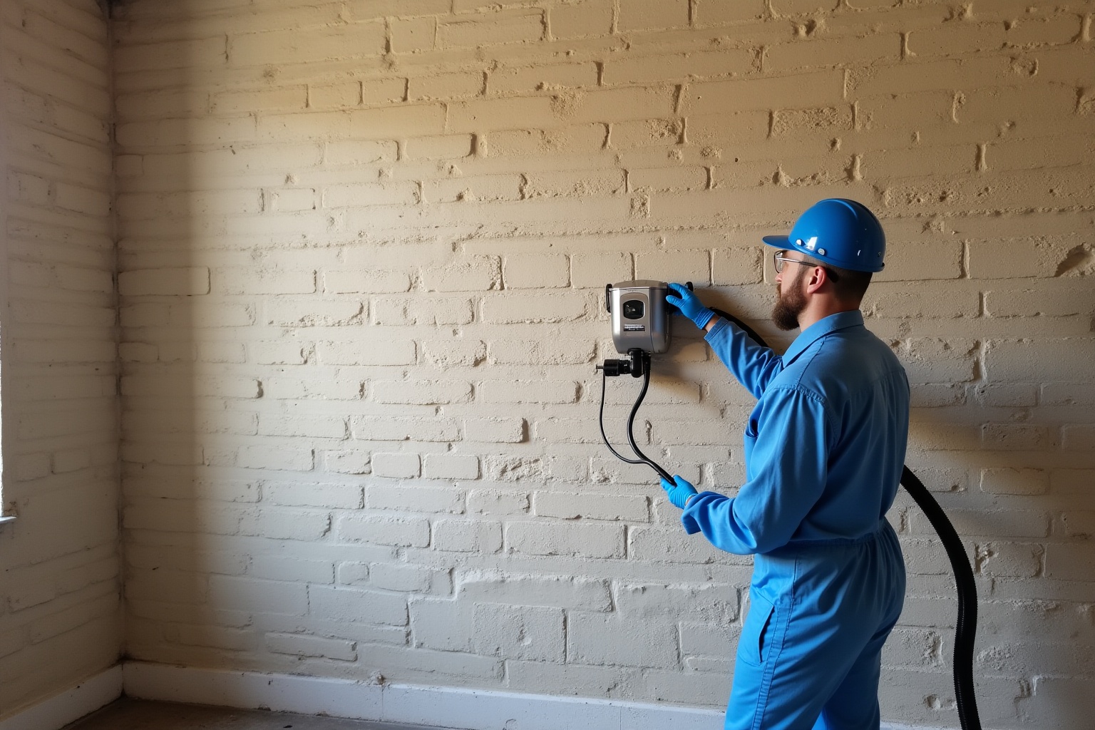 Ouvrier en uniforme bleu installant un équipement électrique sur un mur de briques.