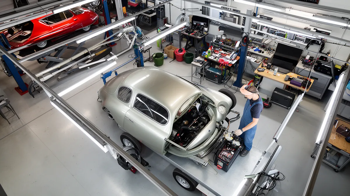 Atelier de réparation automobile avec véhicules anciens et équipements.