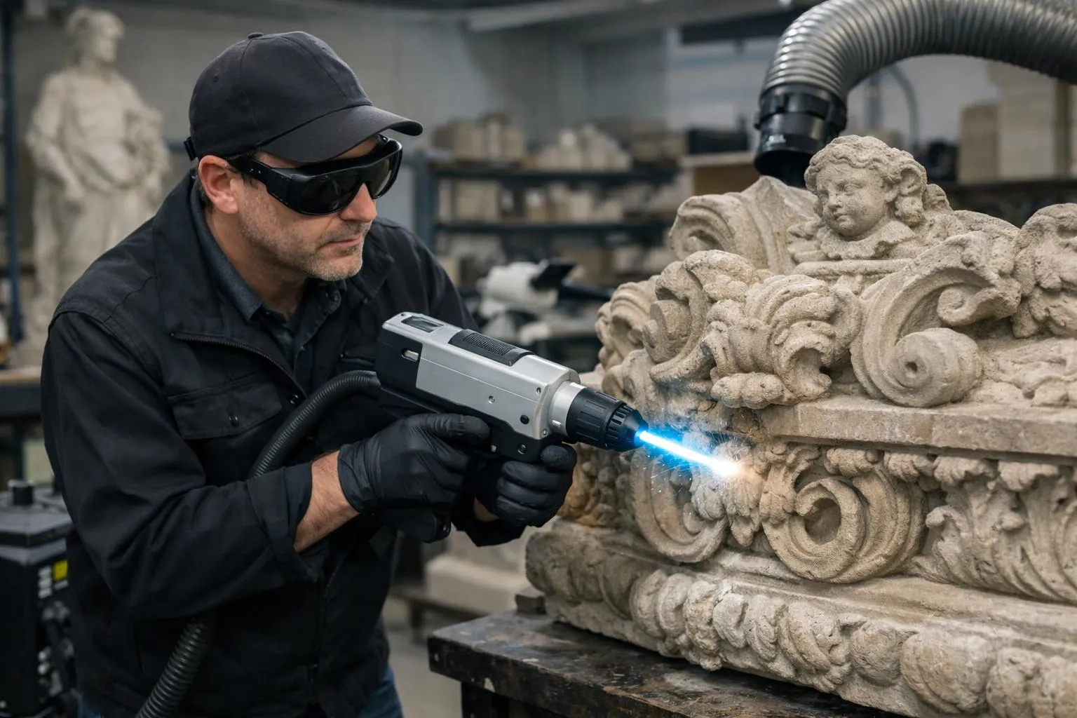 Homme en tenue de travail utilisant un outil de restauration sur une sculpture ornementale.