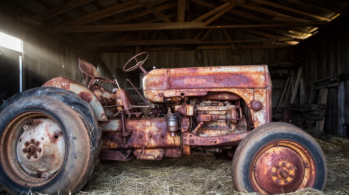 Vieux tracteur agricole rouillé et abandonné dans une grange.