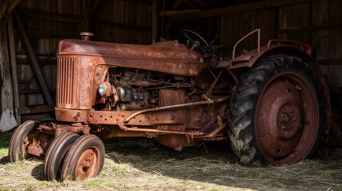 Vieux tracteur rouillé dans une grange délabrée.