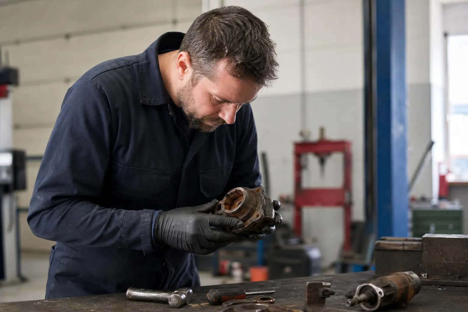Homme barbu en uniforme travaillant dans un atelier.