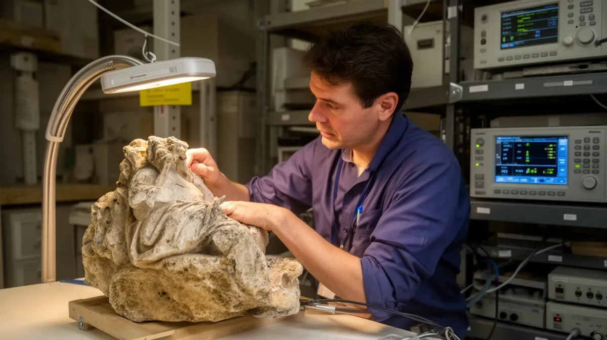 Scientifique examinant attentivement un fossile dans un laboratoire équipé.