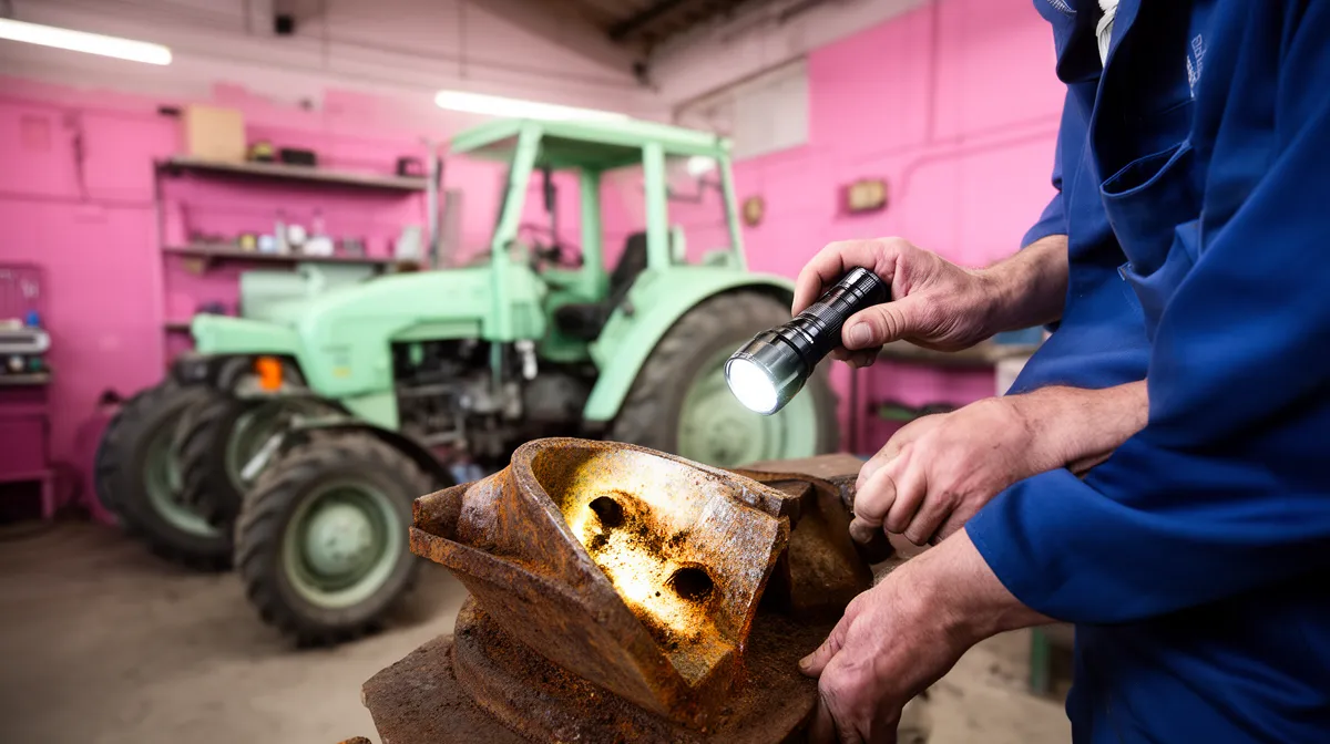 Mécanicien examinant un tracteur vert dans un atelier rose.