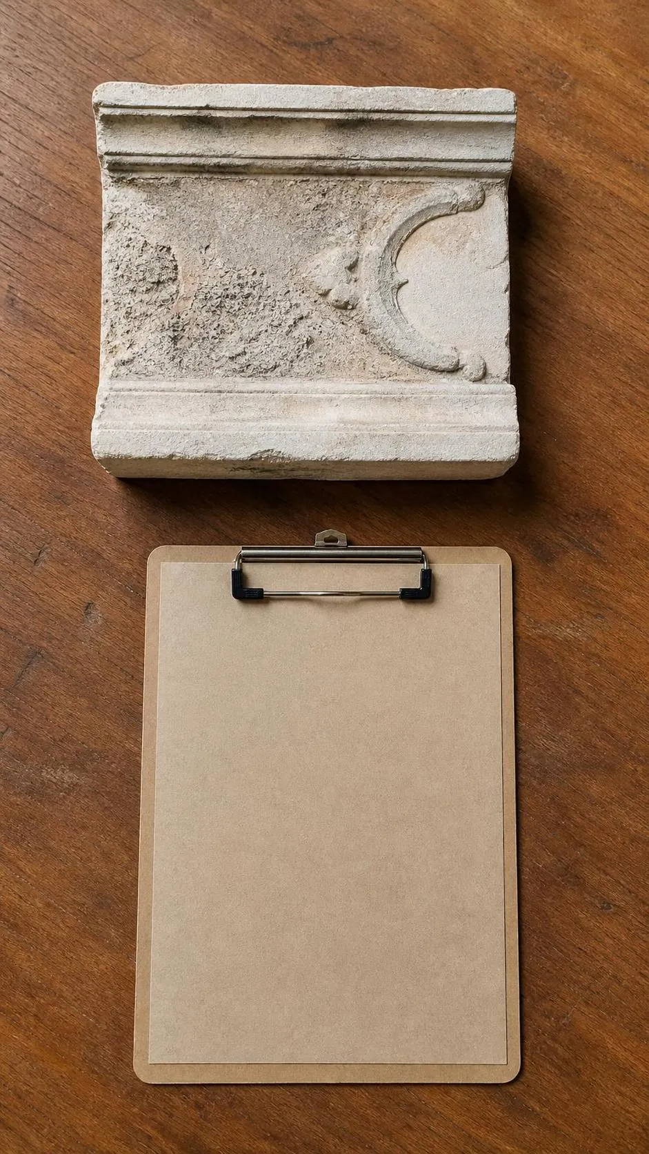 Bloc de pierre sculptée et presse-papiers en bois sur une table en bois.