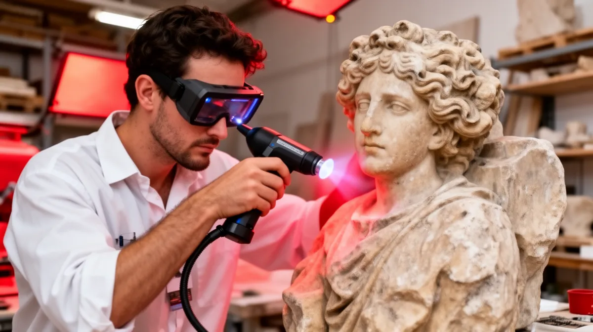 Un homme utilise un scanner 3D pour examiner une statue en marbre.