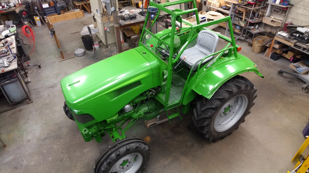 Petit tracteur agricole vert dans un atelier de réparation.